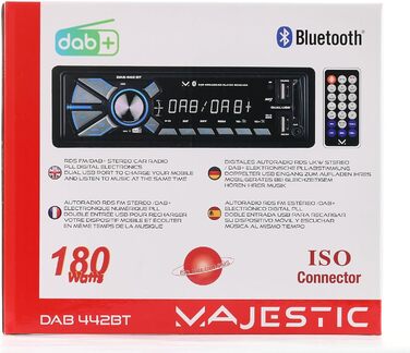 Автомобільна радіостанція RDS Стерео/DAB PLL, Bluetooth, два входи USB, SD/AUX-IN, 180 Вт (45 Вт x 4 канали), чорний одинарний, 442 BT