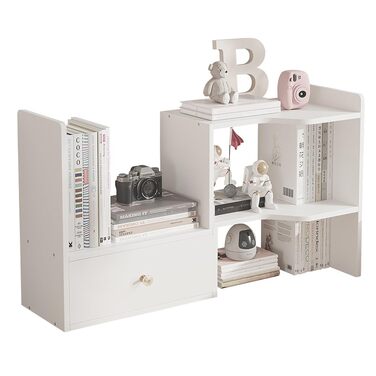 Розсувна настільна книжкова полиця, окремостояча, регульована, офісна полиця для зберігання речей, органайзер для столу, настільна книжкова полиця для офісу та дому (біла)