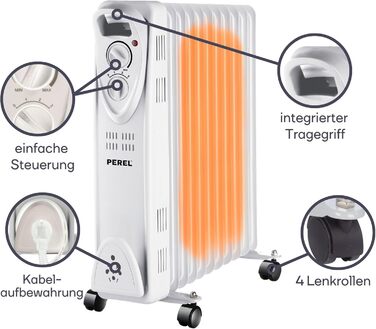 Масляний радіатор Perel потужністю 2500 Вт з 11 ребрами, 3 режимами нагріву, регульованим термостатом, ручкою, колесами, захистом від перегріву та перекидання, тихий та енергоефективний радіатор для великих приміщень площею до 30 м, 2500 Вт (стандарт)