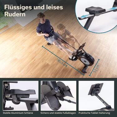 Домашній гребний тренажер Skandika Njord P6-G 32 рівні електричного опору, магнітне гальмо, Bluetooth, світлодіодний дисплей, тихий та низький рівень обслуговування, сумісний із додатком Kinomap, самогенеруючий гребний тренажер, сірий