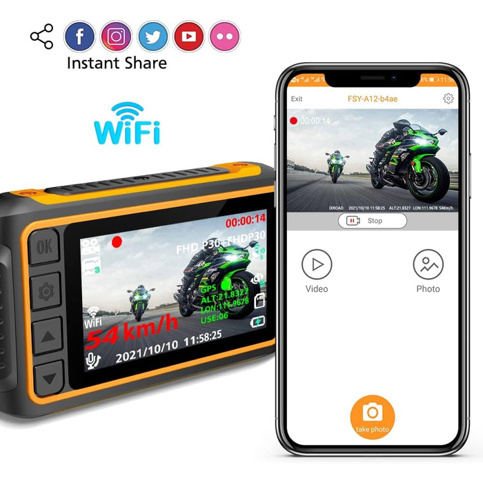 Відеореєстратор для мотоцикла, 1080P відеореєстратор з подвійною камерою, водонепроникною спереду і ззаду з 3 РК-дисплеєм, WiFi, G