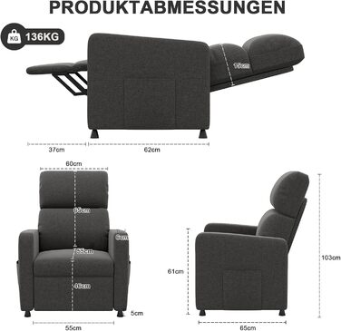 Крісло-реклайнер Devoko, крісло для телевізора з функцією відкидання, одномісне крісло-реклайнер, електричне крісло-реклайнер для вітальні, спальні, сірого кольору