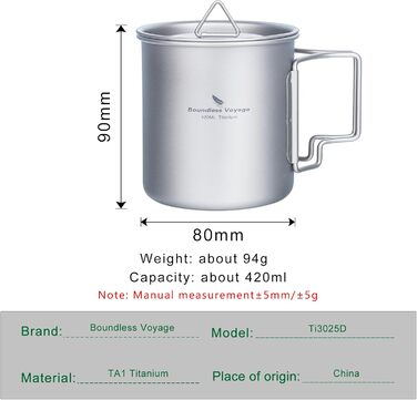 Титанова кемпінгова каструля Boundless Voyage 420 мл з кришкою, складною ручкою, надлегкою титановою чашкою, кавовою чашкою Ti1544B Ti1544b-r