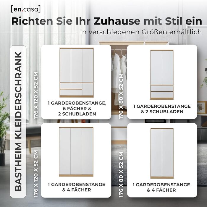 Шафа Bastheim, 3-дверна шафа, 176 x 120 x 52 см, Шафа для спальні з 1 рейкою для одягу та 4 полицями, колір дуба/білий, 176 x 120 x 52 см - 4 полиці