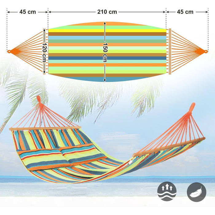 Гамак SONGMICS відкритий багатомісний, гамак з палицями, портативний і дихаючий, 210 x 150 см, TV Rheinland, статична вантажопідйомність 300 кг, для саду на відкритому повітрі GDC22Q зелений помаранчевий