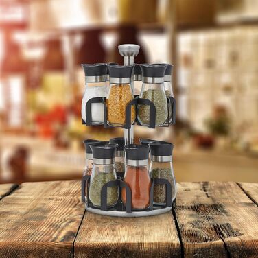 Карусель для спецій Relaxdays, 12 банок для спецій, обертається на 360, нержавіюча сталь, скло, ВxГ 31 x 18 см, підставка для спецій, сріблясто-чорна