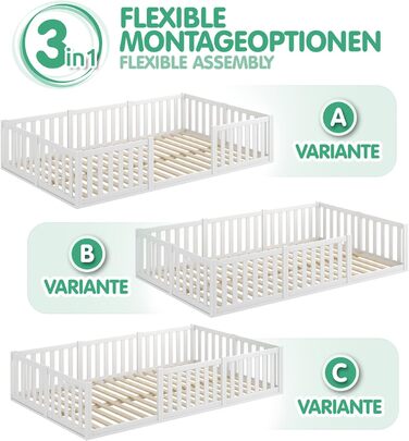 Дитяче ліжко CADANI Teso 120x200 см Ліжко-підлога Монтессорі, вантажопідйомність до 200 кг, із захистом від падіння, включаючи рейкову основу, масив сосни, білий колір - 3 варіанти складання, 120 x 200 см, білий колір