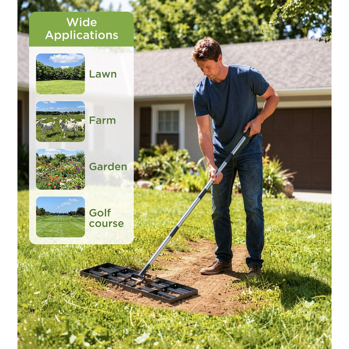 Вирівнювач для газону 75x25 см з регульованою ручкою, граблі-рівняльник з нержавіючою сталевою ручкою 180 см, міцний та енергозберігаючий вирівнювач для саду, подвір'я, гольф-поля, легке вирівнювання піску та ґрунту 75 x 25 см