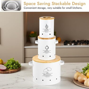 Набір із 3 контейнерів для зберігання картоплі, цибулі та часнику, металеві з вентиляційними отворами, штабелювана конструкція з бамбуковими кришками, кухонний органайзер для овочів (чорний)