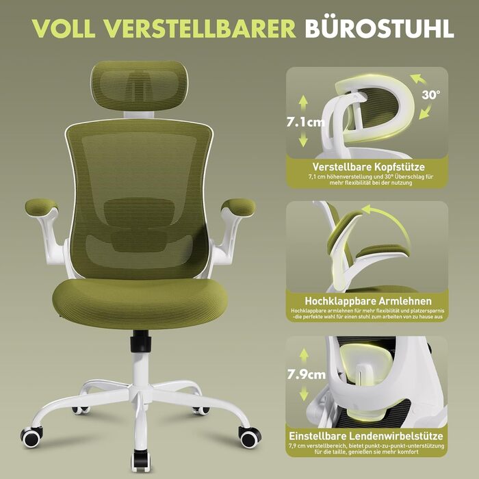 Офісне крісло COLAMY Mesh, комп&39ютерне крісло з регульованим підголівником та поперековою опорою, ергономічне робоче крісло з відкидними підлокітниками, функція нахилу 140, зелений класичний колір