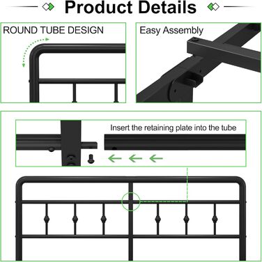 Каркас ліжка EMODA 180 x 200 см, металеве двоспальне ліжко з узголів&39ям та ізножиям у вікторіанському стилі, висотою 36 см зі сталевою рейковою основою, безшумне, легке складання, чорний колір 180 x 200 см Чорний