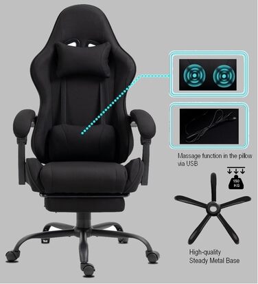 Ігрове офісне крісло Delman з тканини з USB-масажем (2 точки), ергономічне геймерське крісло з підставкою для ніг, регульована спинка до 135, металева основа Серія 02-0040 Чорний