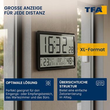 Цифровий настінний годинник TFA Dostmann Digitale XL (60.4523.01) з датчиком зовнішньої температури та клімат-контролем, радіосинхронізація, 24-годинний формат, повна дата, чорний, 360 x 235 x 28 (84) мм