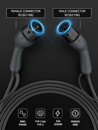 Зарядний кабель bokman type 2, режим 3 / 32A / 22 кВт / 3-фазний / 5 метрів, зарядний кабель типу 2 до типу 2 EV для електромобіля