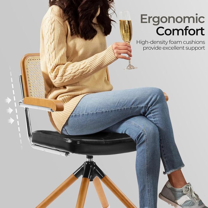 Письмове крісло Zouron з ротанга, чорне - обертове крісло в стилі середини століття без коліщаток, м&39яке офісне крісло зі штучної шкіри з дерев&39яними ніжками, акцентне крісло для домашнього офісу, вітальні, спальні, , чорного кольору