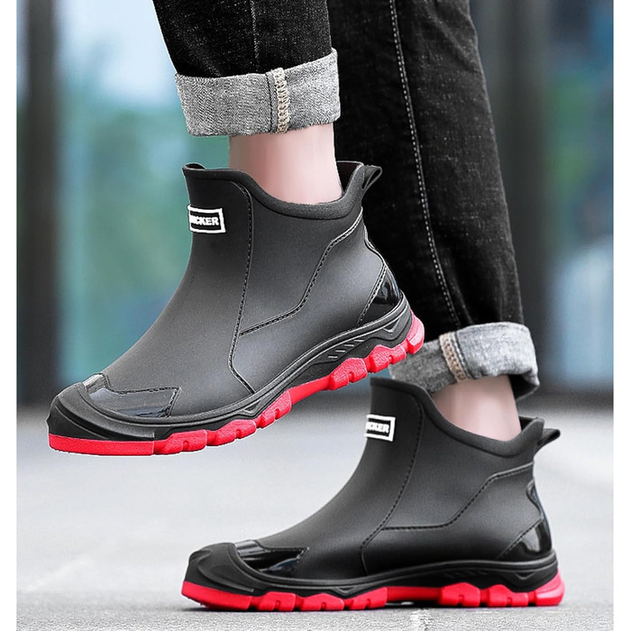 Водонепроникні гумові чоботи Pangolin до щиколотки, чоботи-челсі з ПВХ для саду та щоденного використання, нековзка гумова підошва з протектором, короткі гумові чоботи для жінок та чоловіків, чорно-червоні, EU 45