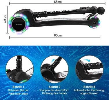 Дитячий самокат YOLEO дитячий самокат триколісний самокат зі світлодіодними колесами, 2-колісні задні гальма, 4 регульовані по вис