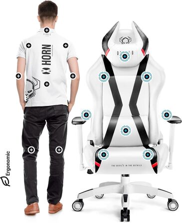 Геймерське крісло Diablo X-Horn 2.0, офісне крісло, геймерське крісло, стільці з 3D-підлокітниками, ергономічний дизайн, подушка для шиї/світлова подушка, штучна шкіра, функція гойдання, білий розмір King (XL)