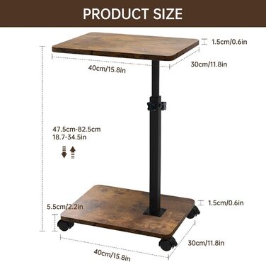 С-подібний журнальний столик, журнальний столик з регульованою висотою та колесами, невеликий журнальний столик, тумбочка, туалетний столик для вітальні, спальні, ванної кімнати