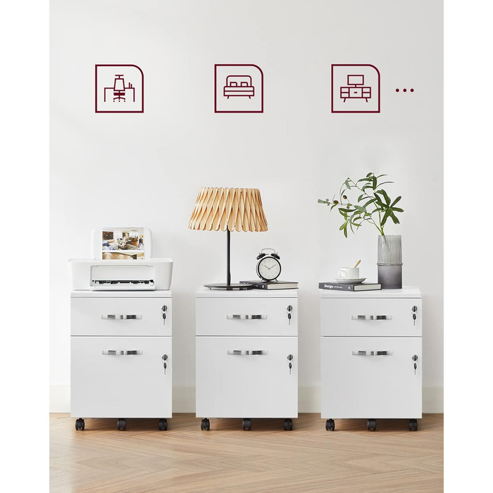 Мобільна шафа для документів VASAGLE із замком, 2 шухлядами, 5 коліщатками, регульованими підвісними рейками, для підвісних файлів формату A4 та Letter, хмарно-білий LCD22WV1