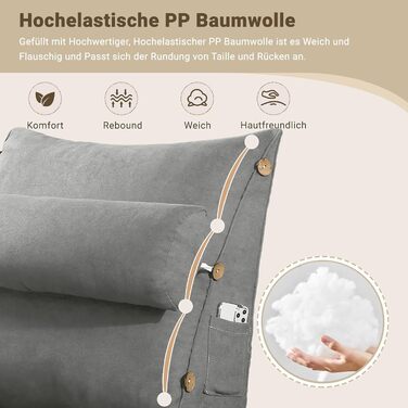 Подушка для читання GOZYLA клиноподібна 60x50x20 см трикутна бавовняна регульована подушка для шиї, поперекової опори, спинки, для домашнього офісу, ліжка, дивана, стіни, кемпера, фургона, любителів читання, сірого кольору 60x50x20 см