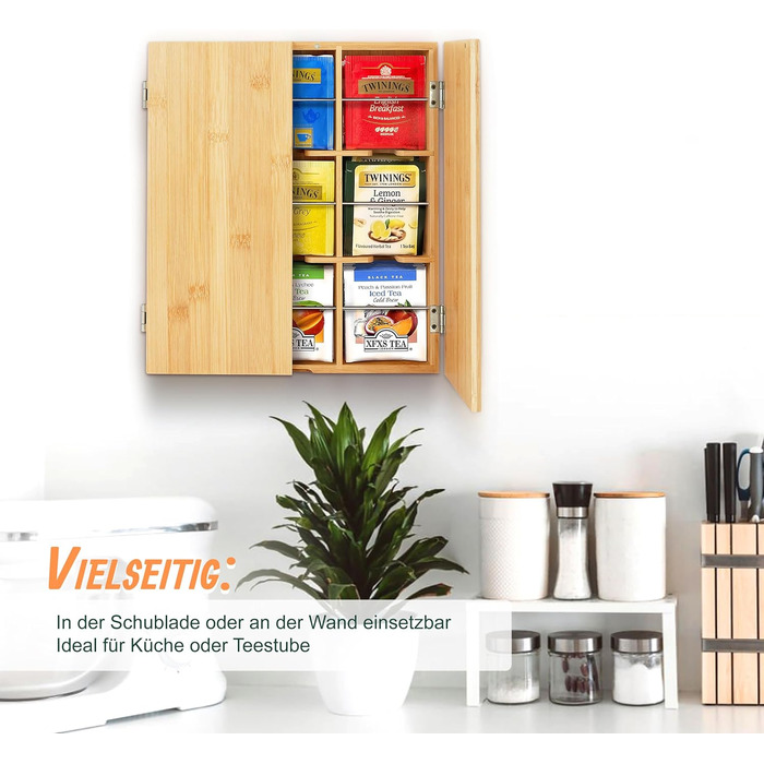 Чайна коробка Relaxdays, 9 відділень, бамбук, ВШХ 31 x 26,5 x 7 см, відділення для чайних пакетиків, кавових капсул, настінна, натуральний/срібний