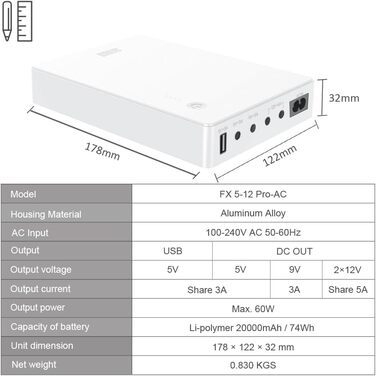 Міні-UPS для роутера, модему, камери з входом AC та виходами USB 5V DC 5V 9V 12V 3A (74Wh, білий)