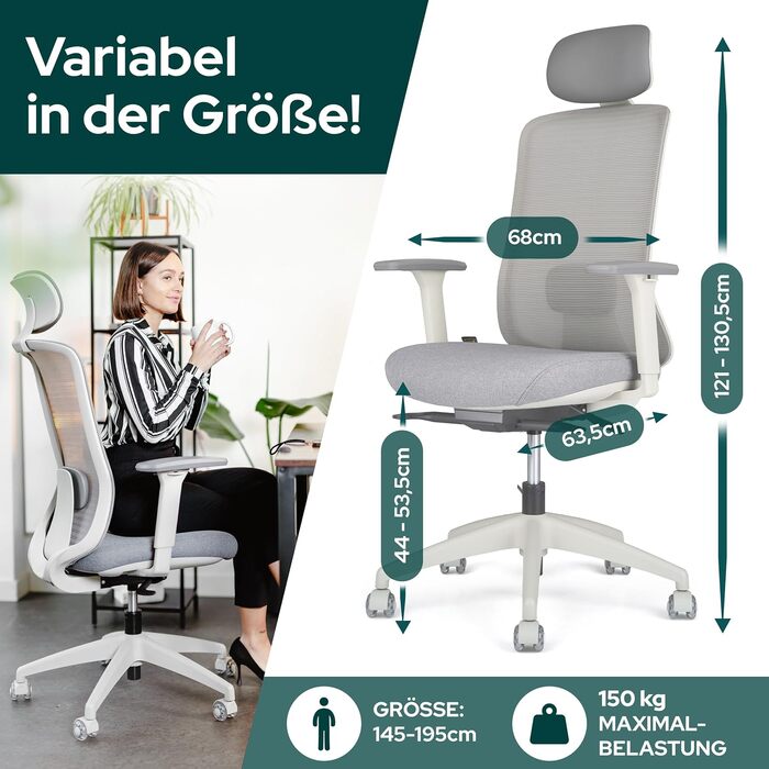 Ергономічне офісне крісло - Переможець тесту - Високо індивідуально регульоване офісне крісло з підголівником та поперековою опорою, 3D підлокітниками та дихаючою сіткою - Офісне крісло 150 кг (світло-сіре) з підголівником світло-сірий / сірий