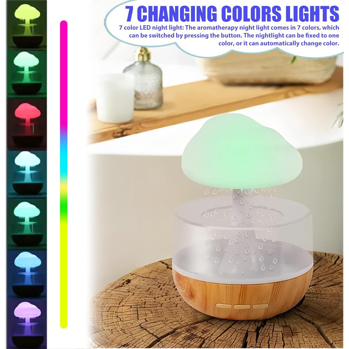 Зволожувач Rain Cloud з нічником Rain Cloud Humidifier Lamp Waterfall, 3 в 1 зволожувач повітря/дифузор для ефірних олій/7 кольорів нічник, стіл, фонтан, тумбочка