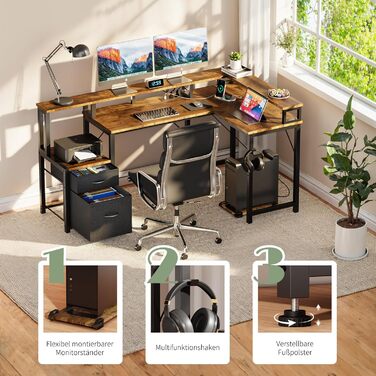 Кутовий письмовий стіл YOUDENOVA з шухлядами, L-подібний, 168x100 см, ігровий стіл зі світлодіодним підсвічуванням, комп&39ютерний стіл з розеткою та портом зарядки USB, офісний стіл, коричневий, 168*100*88,5 см, вінтажний коричневий