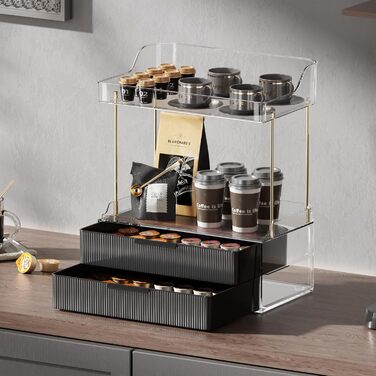 Рівневий органайзер для макіяжу з 2 шухлядами для жінок з великою кількістю речей - Багатоцільовий настільний органайзер для туалетного столика - Великий органайзер для догляду за шкірою чорного кольору. Квадратний - Чорний, 2-