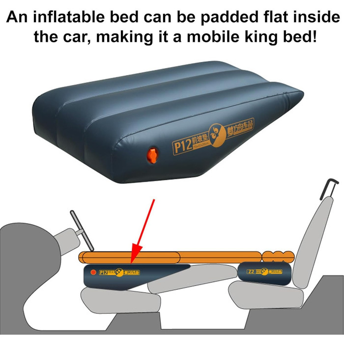 Надувний матрац для автомобіля - Ліжко на передньому сидінні автомобіля, Надувна подушка для автомобіля Надувна передня подушка для автомобільного матраца, Водонепроникний товстий надувний матрац з ПВХ, Герметичний P12-Чорний