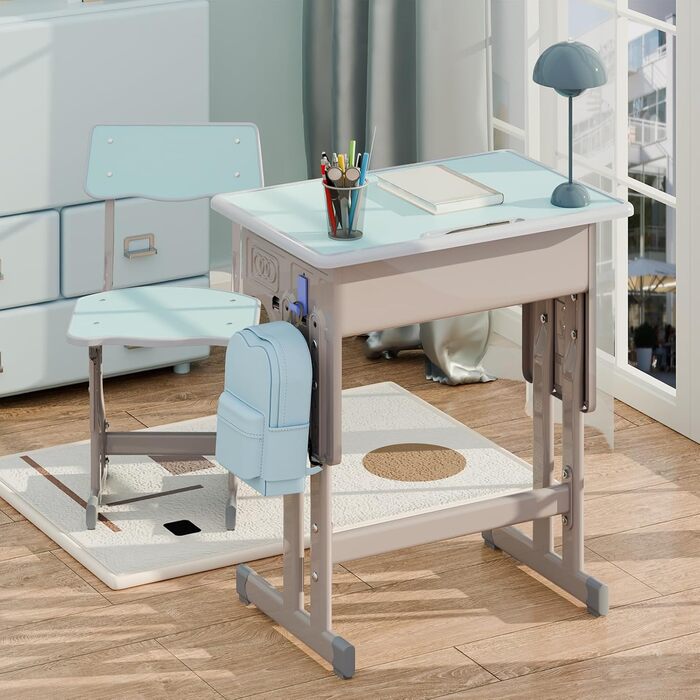Дитячий комплект столу та стільця, регульований по висоті, для школи та університету, комплект столу та стільця з шухлядою для зберігання речей, ергономічний комплект стільців для роботи з гачком для рюкзака, підходить для дітей від