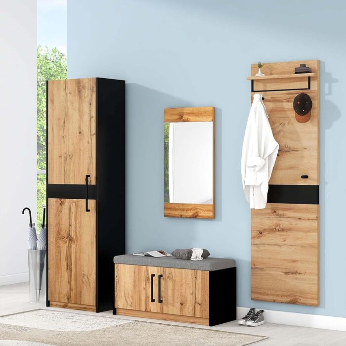 Шафа для одягу 4 предмети з дзеркалом і лавкою, Шафа для одягу, Меблі для гардеробу, Шафа для одягу, Стильна компактна шафа з 4 га
