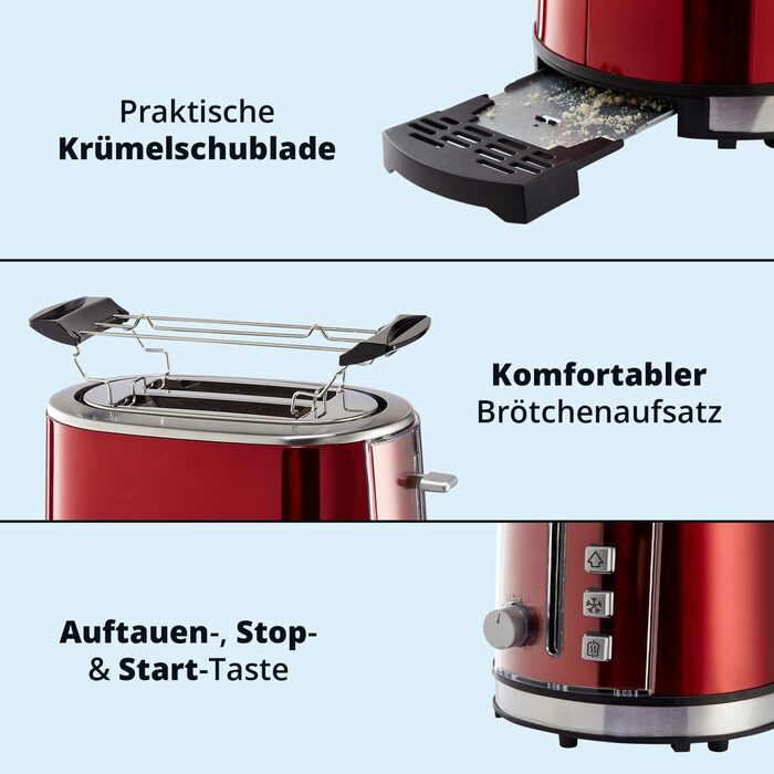 Набір для сніданку KHG Чайник, тостер і кавоварка червоного кольору, нержавіюча сталь металева хромована, ємність 1,7 л, 2 скибочки тостів і 12 чашок кави, світлові індикатори, індикатори рівня води, постійний комплект фільтрів з тостером і кавоваркою