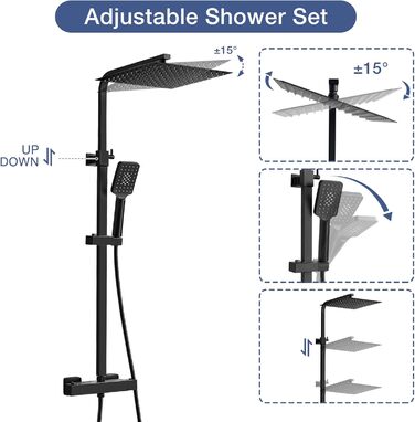 Душова система з термостатом чорного кольору, Bevankly black душова арматура повний набір, термостатний душовий набір з лійкою 30X30CM і ручним душем, чорний тропічний душ з арматурою, 80-125CM