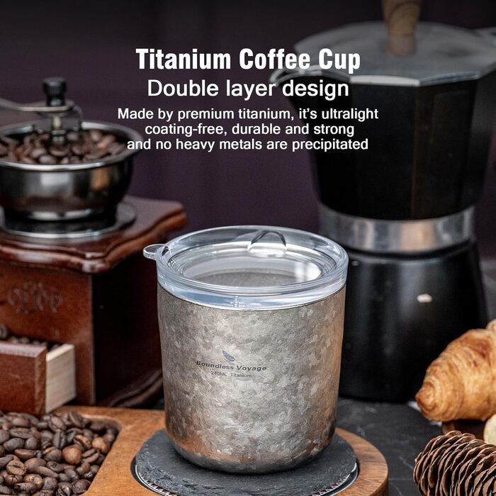 Титанова кружка Boundless Voyage з подвійними стінками та кришкою, 240 мл, надлегка, для чаю, кави, використання на свіжому повітрі, кемпінгу, пікніків, походів, подорожей, домашнього використання, Ti3238D