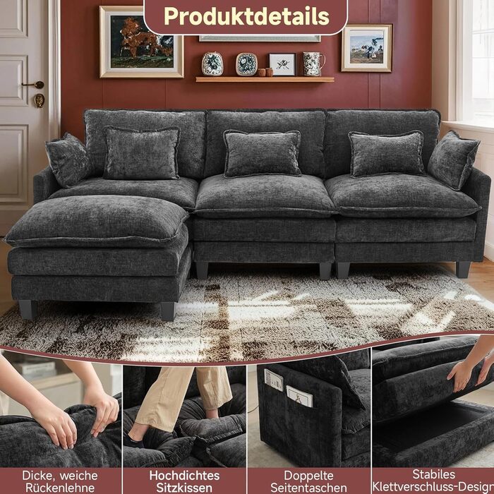 Модульний кутовий диван, L-подібний диван для вітальні, надзвичайно глибокі, зручні дивани-хмарки з шенілу з декоративними подушками та розсувною оттоманкою (чорний, 3 місця з 1 оттоманкою) Чорний 3 місця з 1 оттоманкою