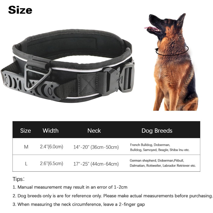 Тактичний нашийник для собак, міцний, світловідбиваючий нашийник з ручкою, широкий нашийник для середніх та великих порід, ширина 6,6 см, військовий нашийник з регульованим обхватом шиї 44-64 см, чорний