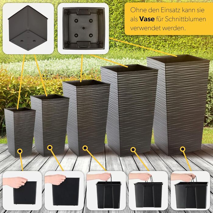 Набір з 3 рослинних горщиків KADAX з внутрішніми горщиками, висота 46,5/57,5/68 см, графіт міцні та всепогодні пластикові горщики для квітів, горщики для використання в приміщенні та на вулиці, висота 46/57/68 см, графіт