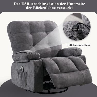 Крісло Bosmiller з функцією відкидання, масажне крісло, велике крісло для телевізора, поворотне на 360, підігрів, регульоване, тканинне крісло, сірий колір