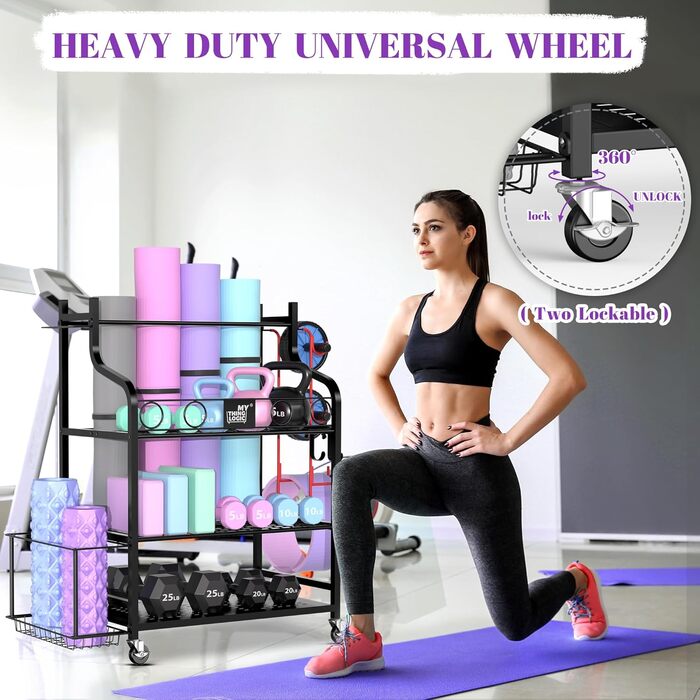 Полиця для килимка для йоги, Органайзер для килимка для йоги з гантелей, пінопластового валика, гир та блоку для йоги, Полиця для зберігання вдома та в спортзалі, Полиця для спортивного обладнання, Чорний