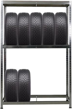Стелаж для шин PROREGAL Ragnar (ВxШxГ 180x120x40 см) для розміщення до 8 шин на 2 рівнях полиця, вантажопідйомність 265 кг, оцинкований, підходить для майстерень, складів та підвалів.