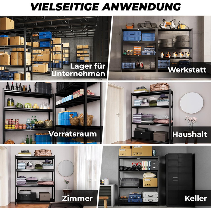 Металевий стелаж преміум-класу, чорний, з міцними металевими полицями, 180x150x40 см - вантажопідйомність 1000 кг, 100 холоднокатана сталь - стелаж глибиною 40 см, металевий стелаж для зберігання, 180x150x40 см, чорний