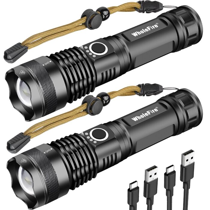 Світлодіодний ліхтарик WholeFire, акумуляторний USB, 2 шт., надзвичайно яскравий 90000 люмен XHP70.2, з можливістю масштабування, водонепроникний, потужний, 5 режимів, аварійне освітлення для використання на вулиці