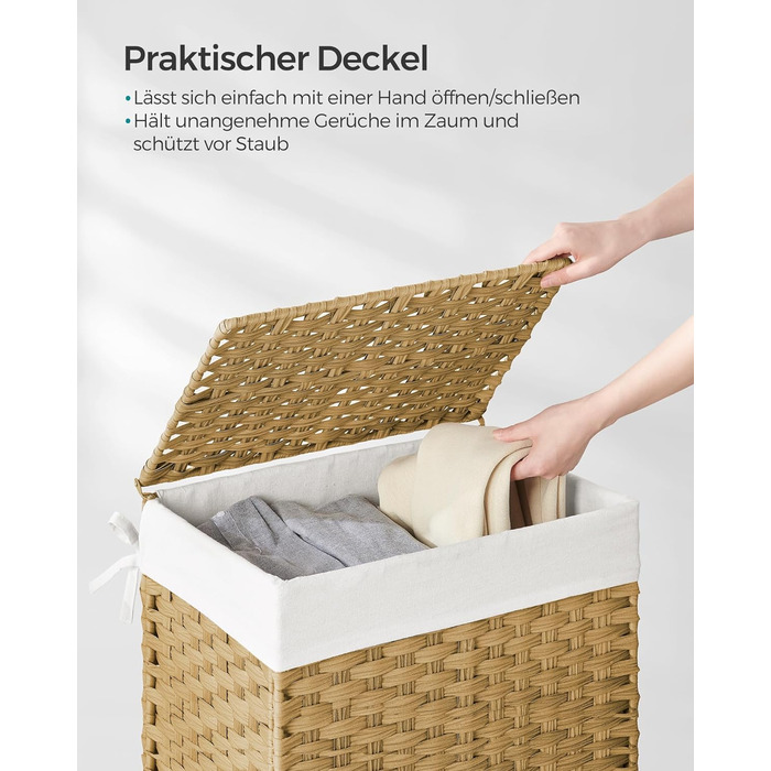 Кошик для білизни 90 літрів, ручне плетіння, з синтетичного ротангу, з кришкою та ручками, складаний, знімний мішок для білизни, н