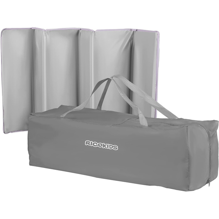 Дитяче ліжечко Ricokids з матрацом 125 x 65 x 78 см, дорожнє ліжечко, вагою до 15 кг, 2 колеса з гальмами, знімний бічний вхід, сумка для перенесення, складна, компактна, світло-сіра, лавандова