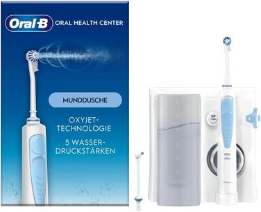 Іригатор для порожнини рота Oral-B Oral Health Center, 2 змінні насадки, очищувач міжзубних прочищувачів для дбайливого чищення зубів і здоров'я ясен, з технологією Oxyjet, 5 рівнів тиску для догляду за зубами, білий/синій