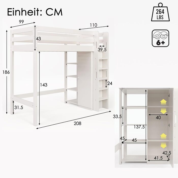 Дитяче ліжко-горище односпальне ліжко 90x200 для дітей, дерев'яне ліжко-будиночок з шафою та 4 полицями для зберігання, каркас ліж