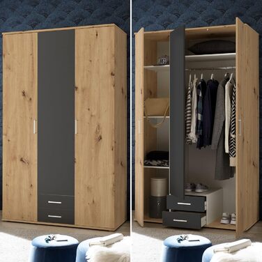 Шафа MARBURG кольору Імітація дуба ремісника, колір Графіт - Універсальна 3-дверна шафа для вашої спальні - 120 x 196 x 54 см (Ш/В/Г) 3-дверна, колір Дуб ремісника / колір Графіт